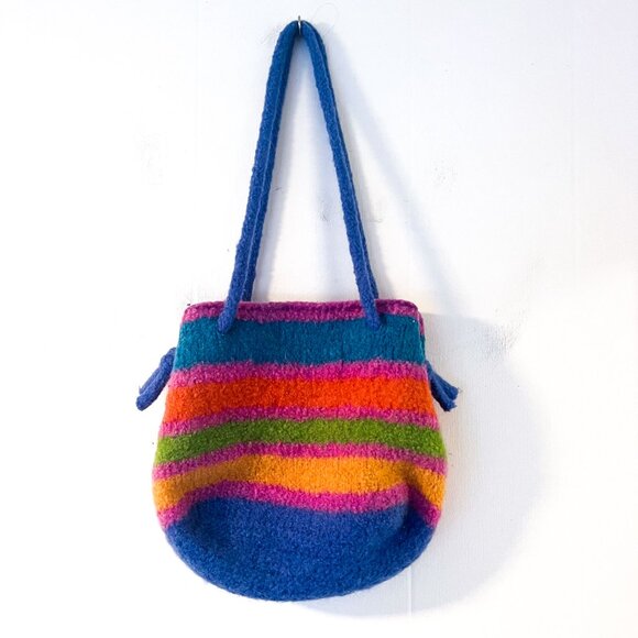 Booga Bag | Felted Wool Sunset Stripe Hobo Shoulder Bucket Artisan Bag - Picture 2 of 8